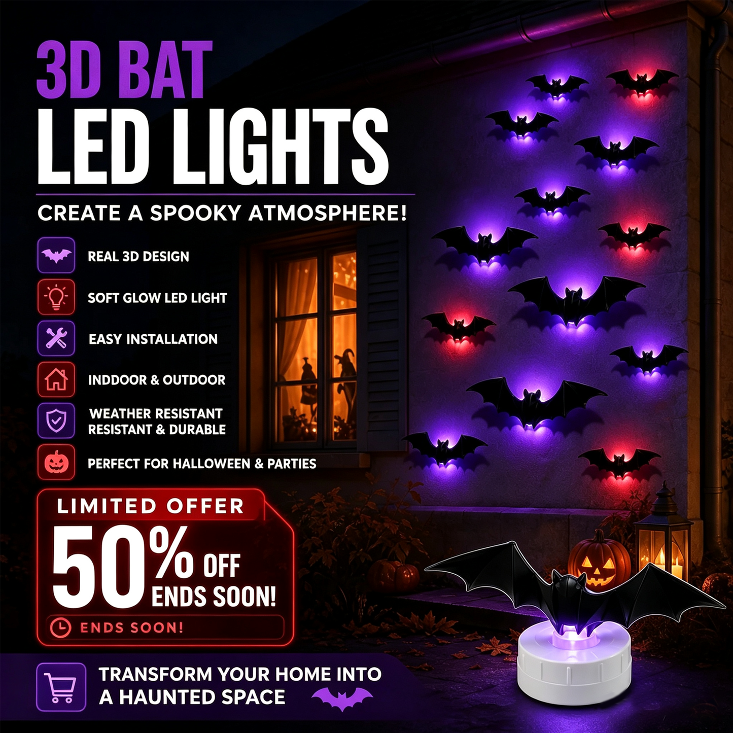 "Haven't found your Halloween look yet? Get 50% OFF🎁 Bat Lights